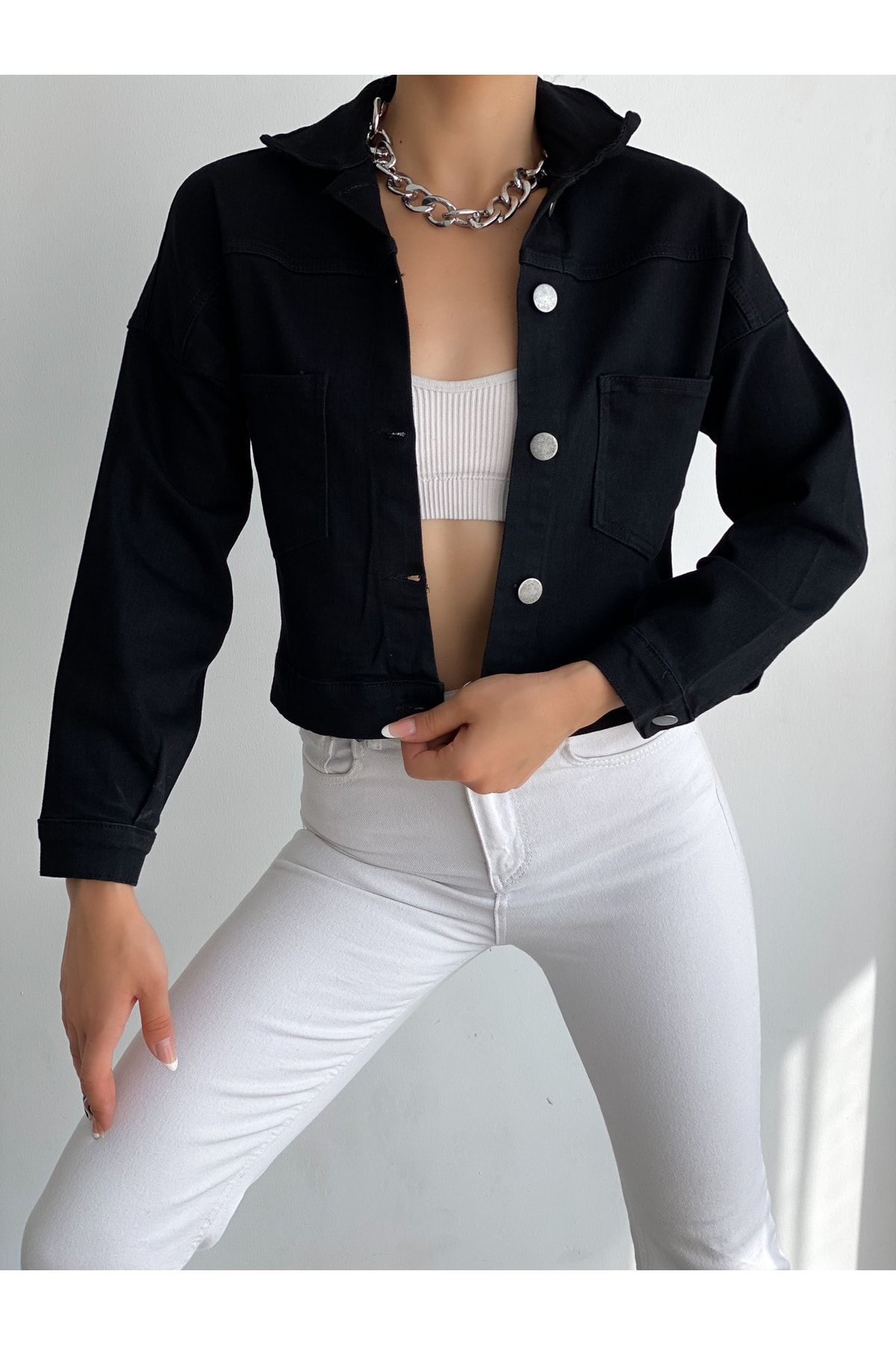 Fav Style Kadın Düğmeli Çift Cepli Crop Denim Ceket Siyah