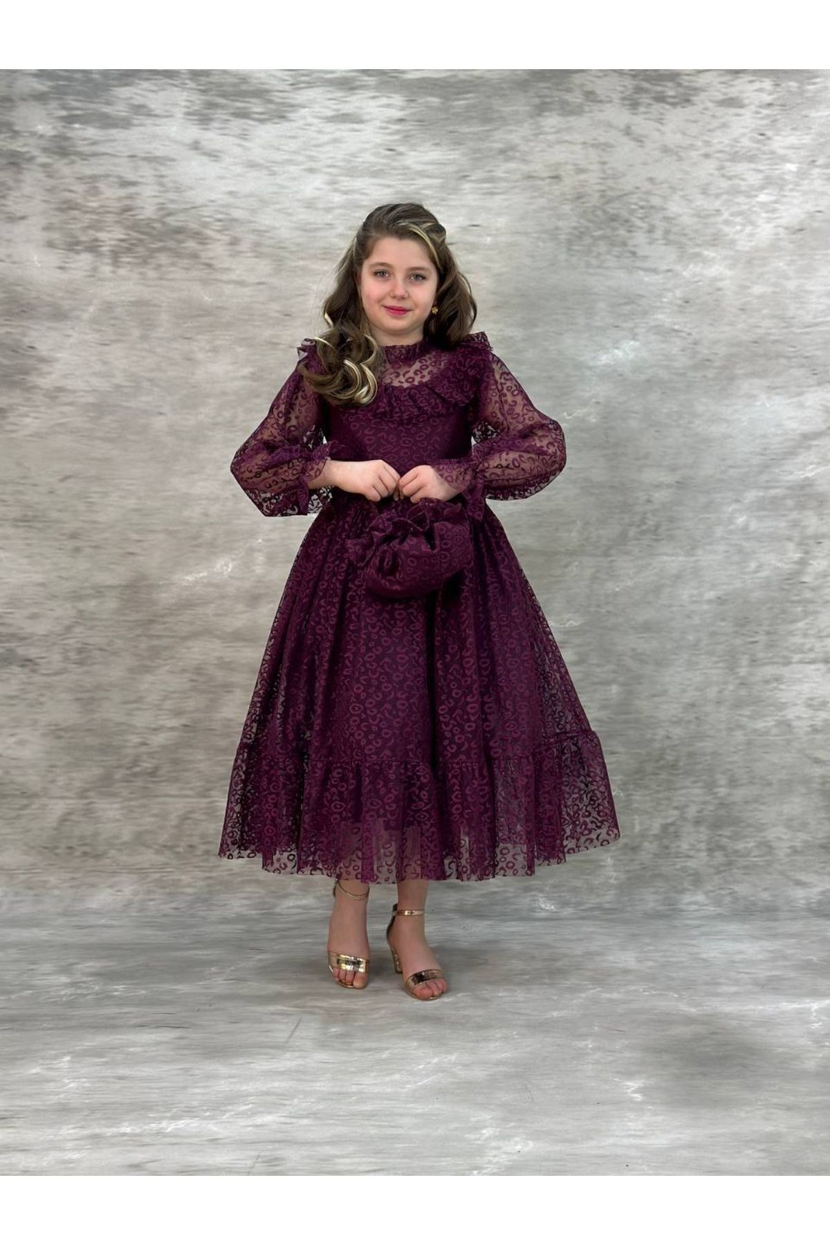 Pumpido Uzun Kollu Nisa Model Kız Çocuk Elbise