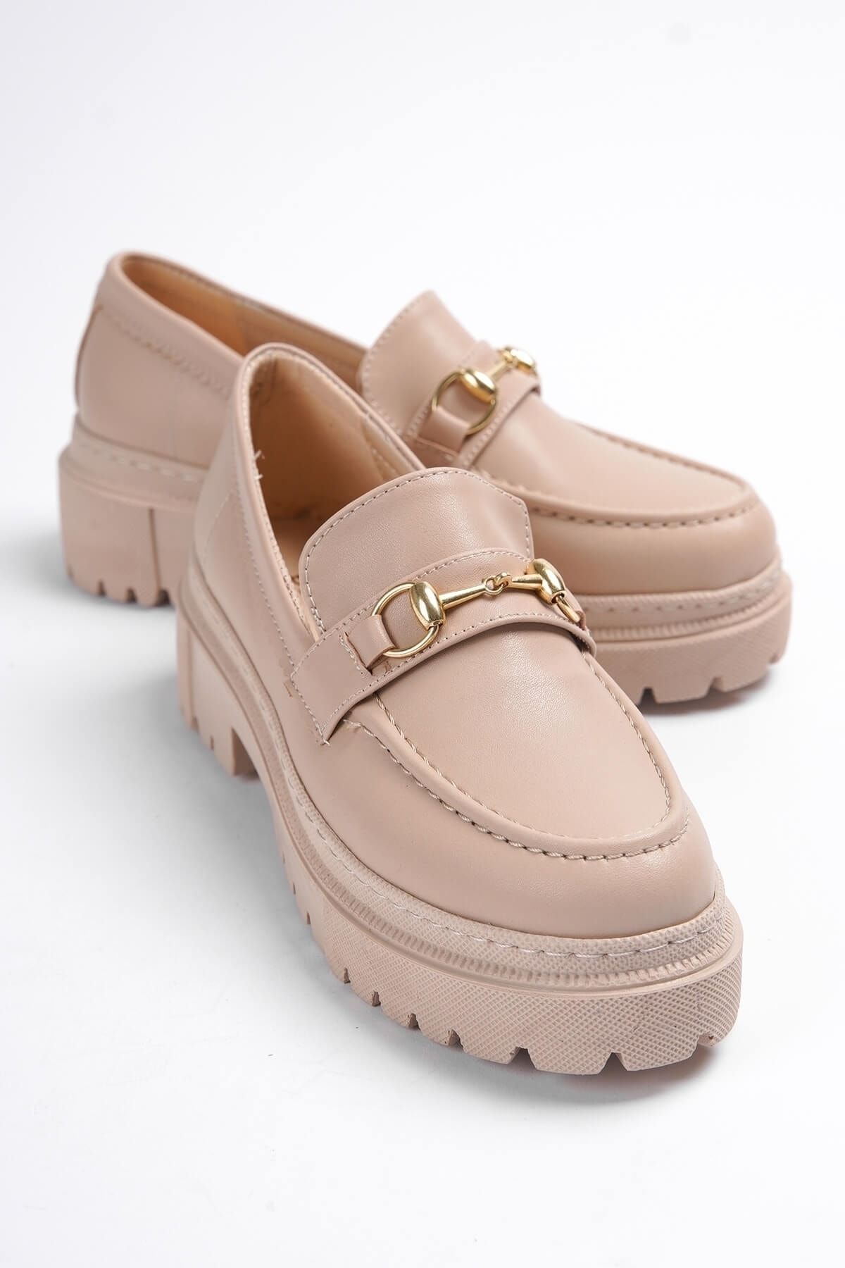 DİVOLYA Ferrera Nude Gold Tokalı Deri Günlük Kullanım Loafer Kadın Ayakkabı