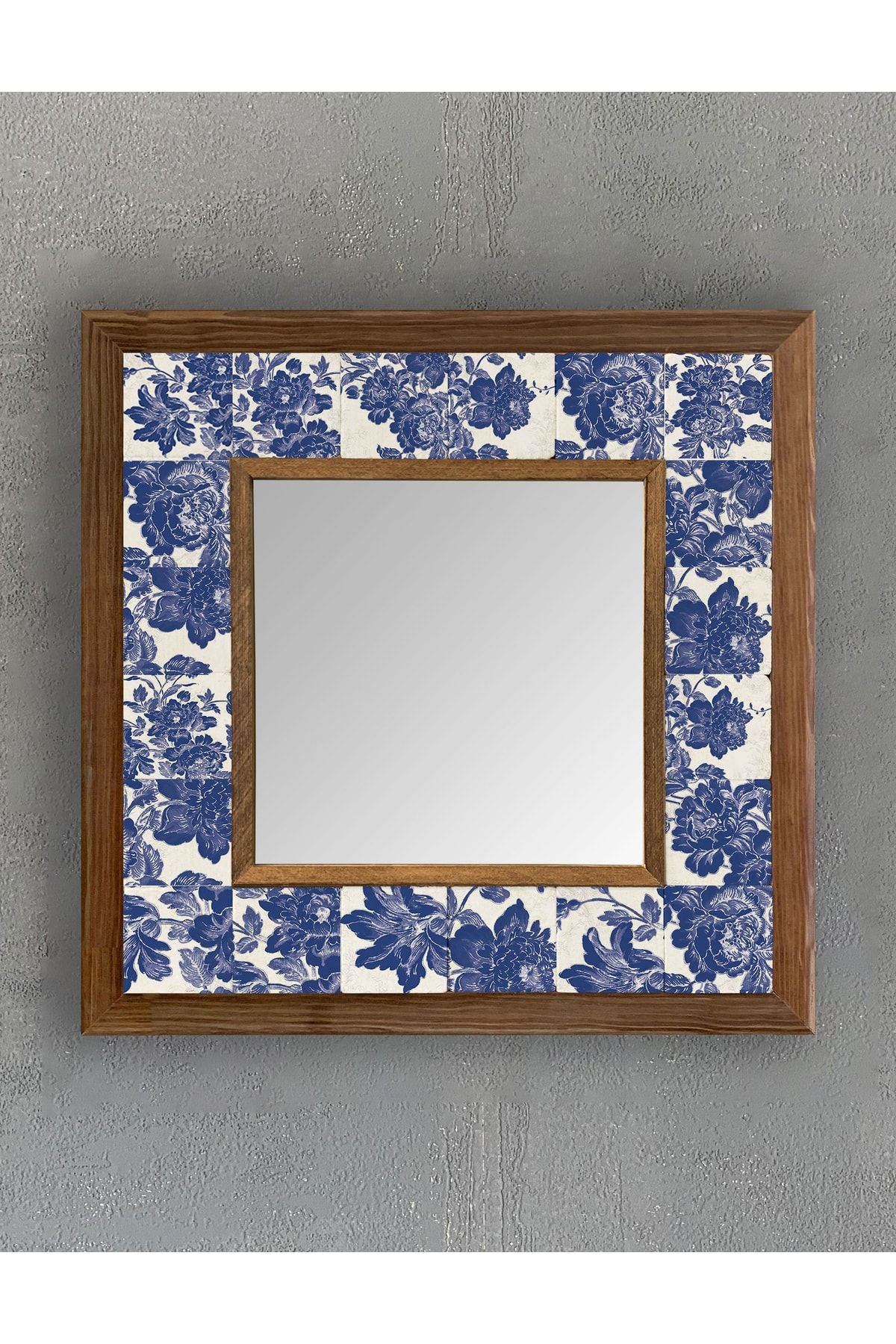Oscar Stone Decor Masif Çerçeveli Mozaik Taş (mermer) Ayna 33x33 Cm Seramik Desenli Mavi Çiçek Tema