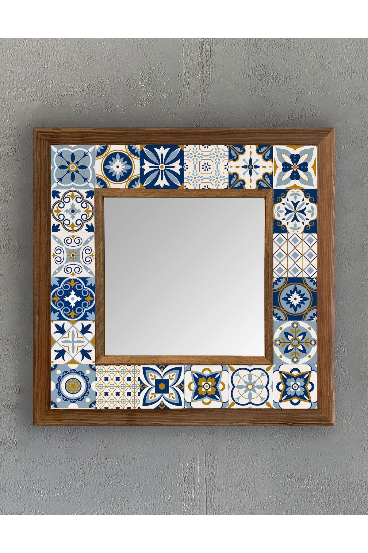 Oscar Stone Decor Masif (ahşap) Çerçeveli Mozaik Taş Ayna 33x33 Cm Mavi Sarı Makyaj Aynası