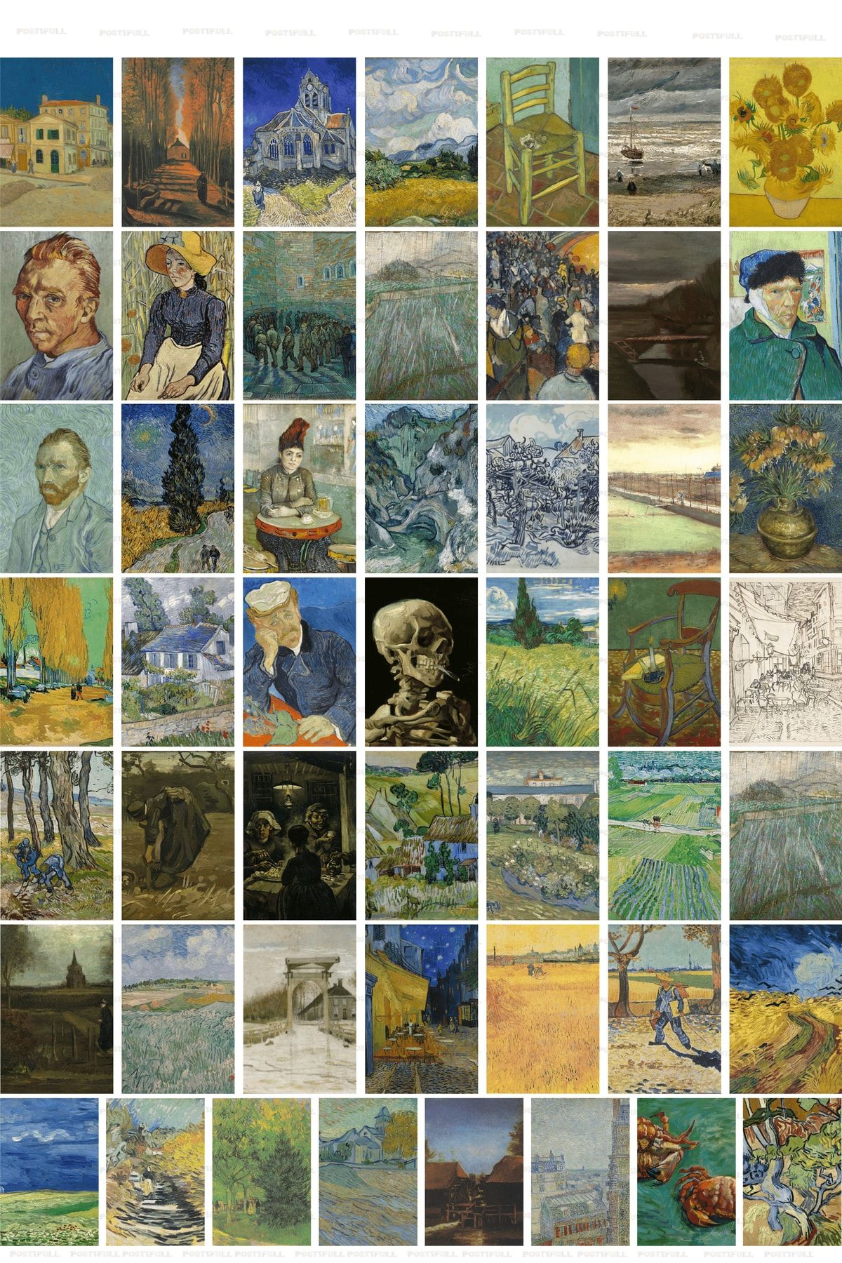 postifull Vincent Van Gogh Kolaj Seti, Sanatsal Poster Kartları, Bant Hediyeli - 50 Adet 10*15cm Duvar Posteri