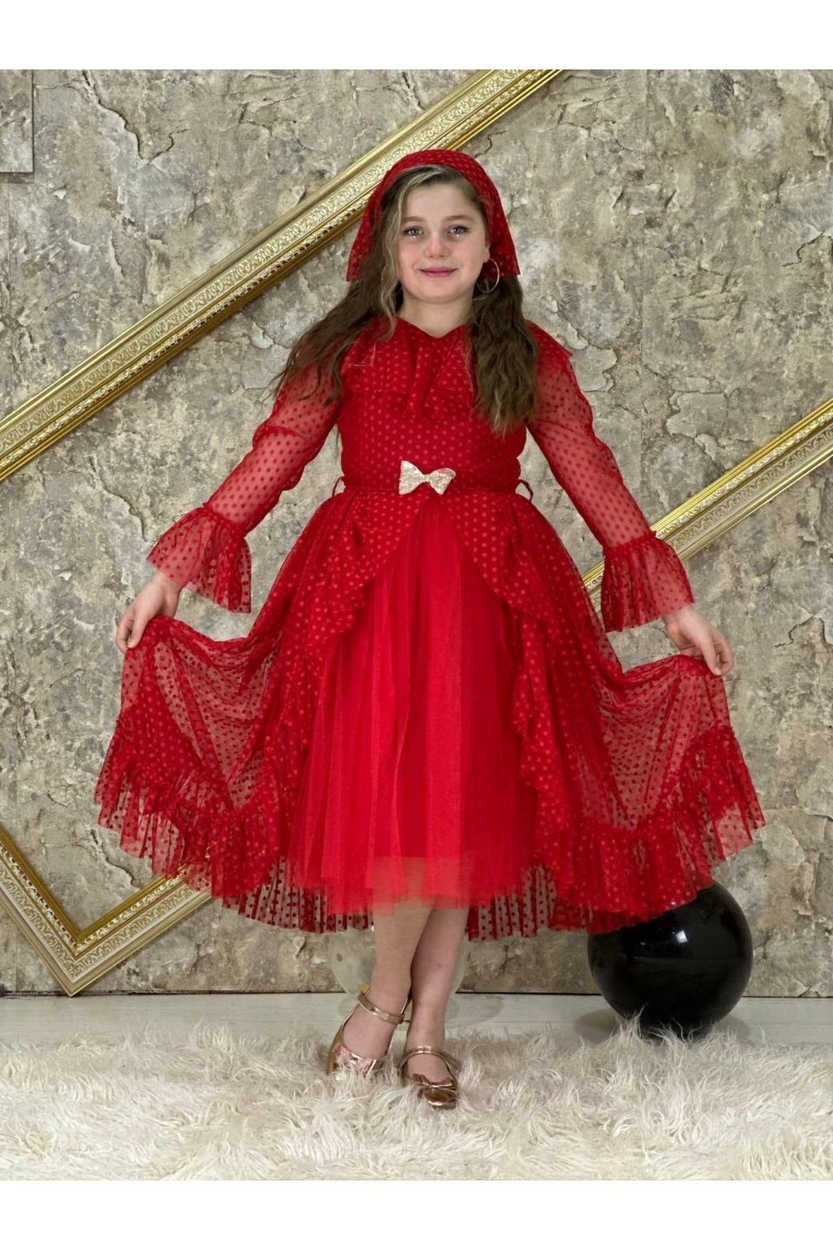 Pumpido Puanlı Bandanalı Miray Model Kız Çocuk Elbisesi