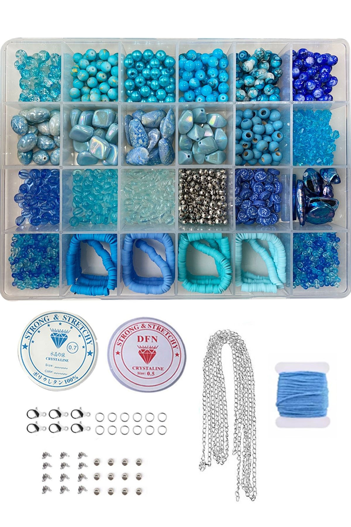 By MO Accessories 24'lü Kutuda Mavi Severler Için Hobi Takı Tasarım Seti Bileklik Kolye Yüzük Halhal Yapım Boncuk Set