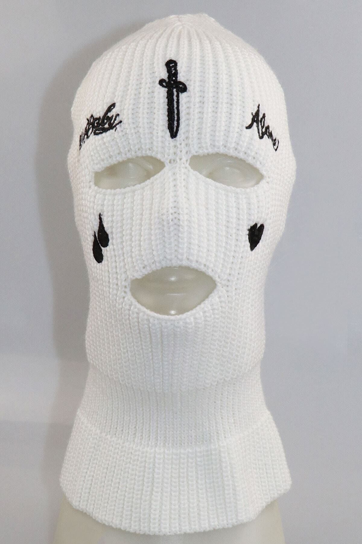 zirve şapka Beyaz Kılıç Nakışlı 3 Gözlü Unisex Kar Maskesi