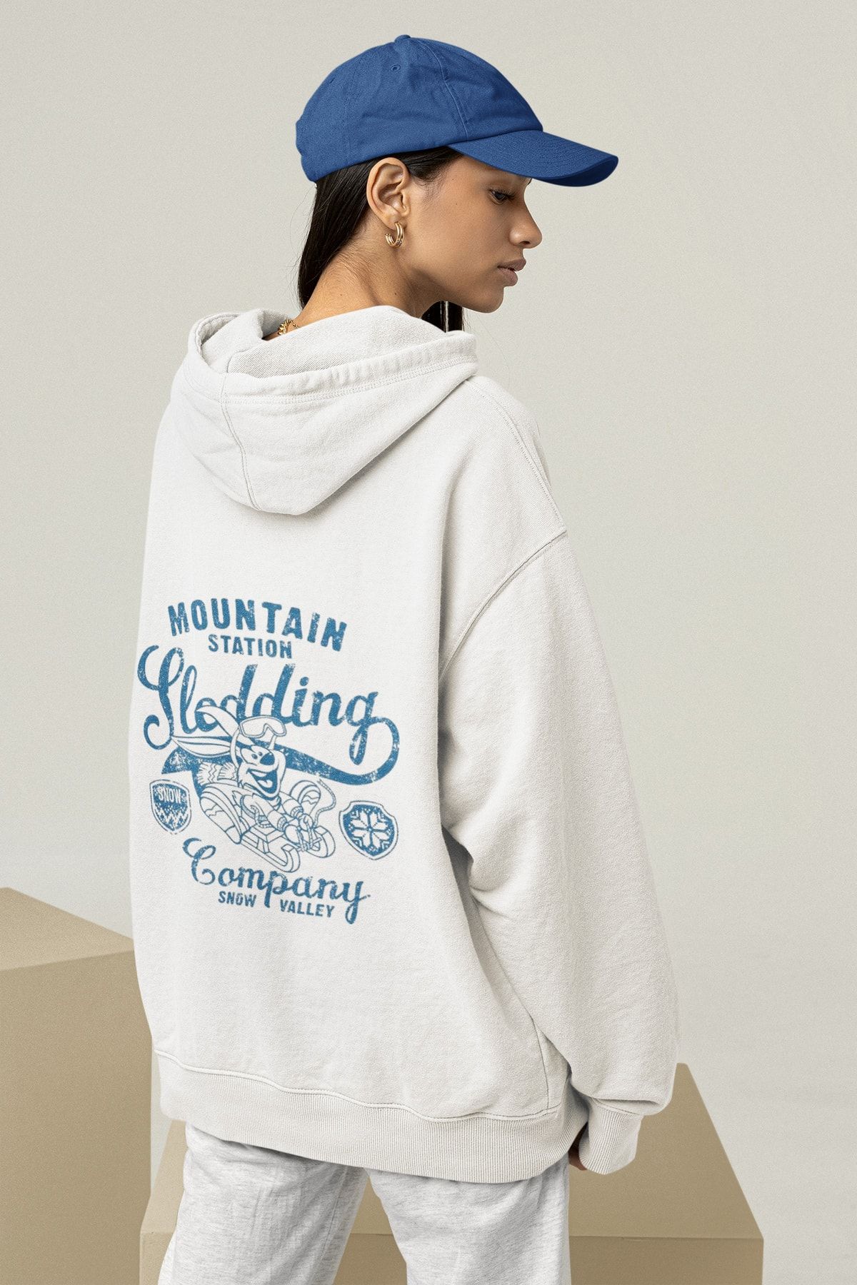 Serbella Mountain Baskılı Beyazkapüşonlu Oversize Unısex Sweatshirt Hoodie