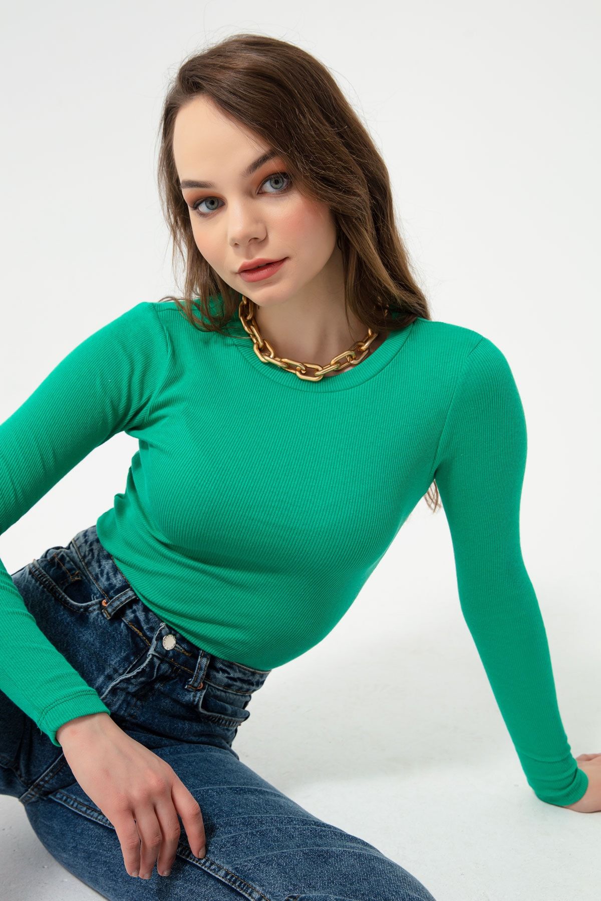 Lafaba Kadın Yeşil Fitilli Uzun Kollu Crop Bluz