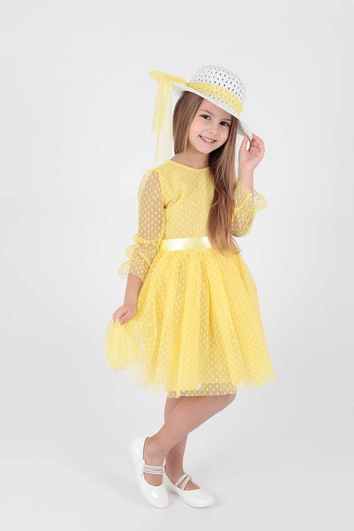 AHENGİM Kız Çocuk Şapkalı Ve Tül Dantel Trend Abiye Elbise Ak2228