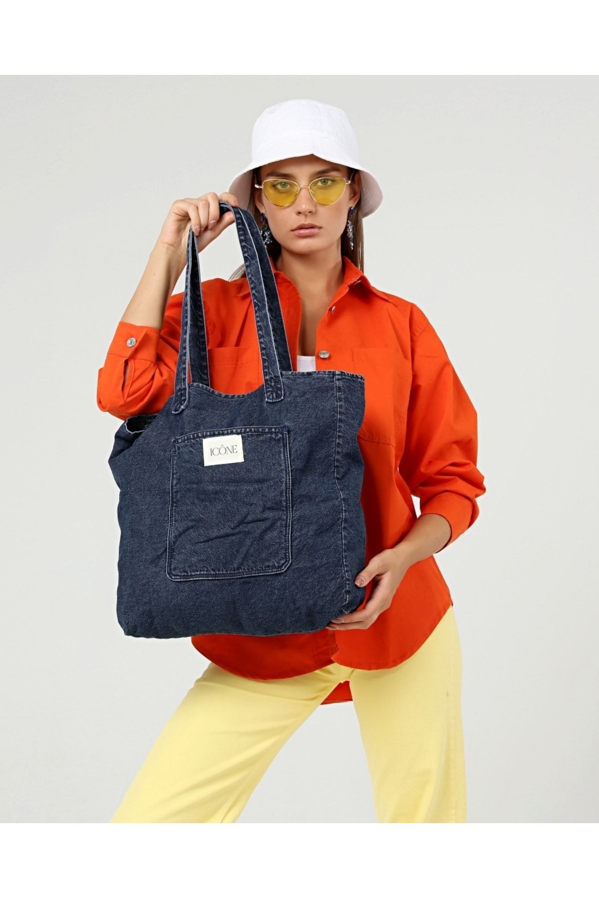 ICONE BAG Açık Denim Kadın Bez Çanta, Önü Cepli Kanvas Yıkamalı Bez Çanta, Icone Detaylı Çanta