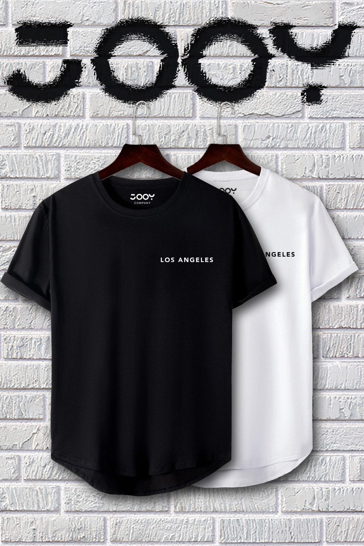 Jooy Company Siyah Beyaz Los Angeles Baskılı Slim Fit Tshirt Ikili Set