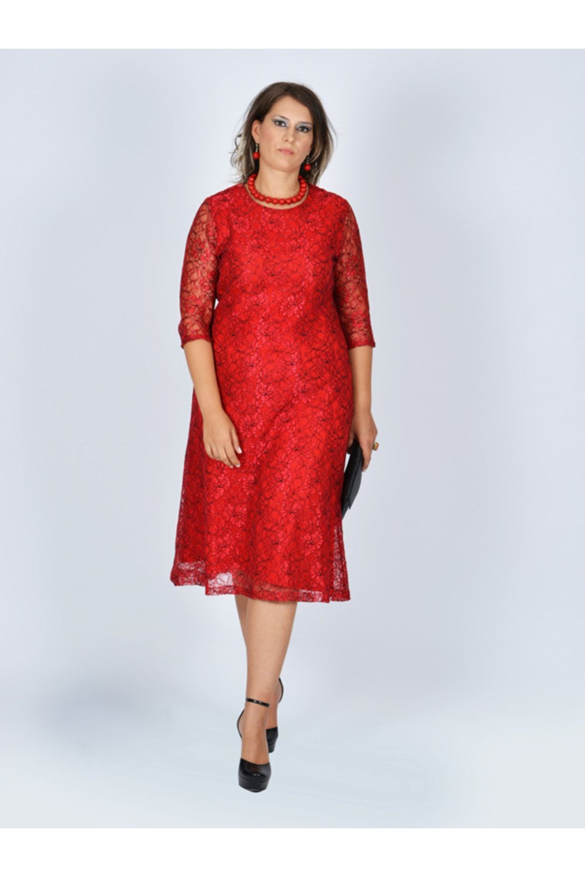 Nidya Moda Büyük Beden Kloş Kırmızı Dantel Abiye Elbise-4036k