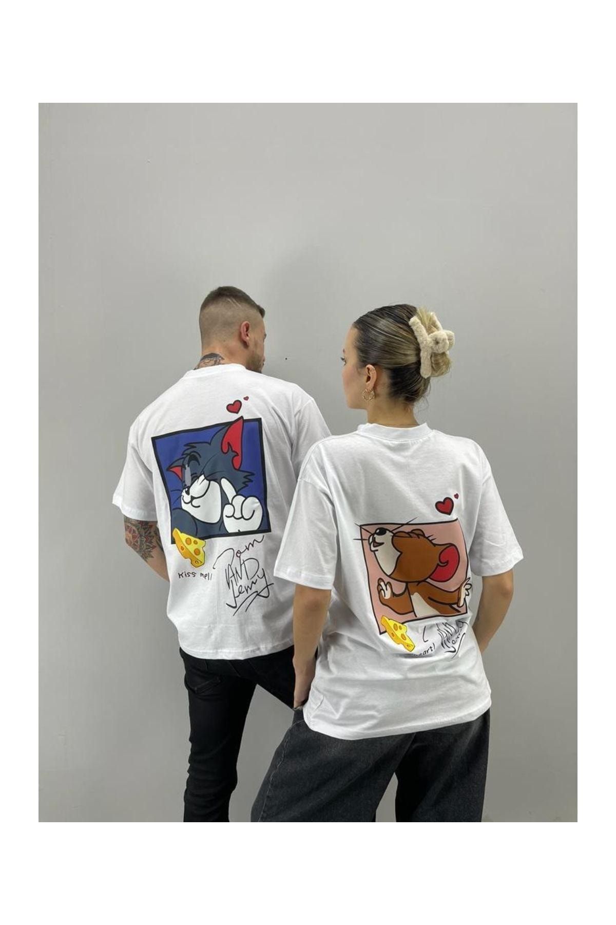 Benisengiydir Unisex Tshirt Beyaz Tom Ve Jerry Baskılı Sevgili Çift Kombini 2 'li Set