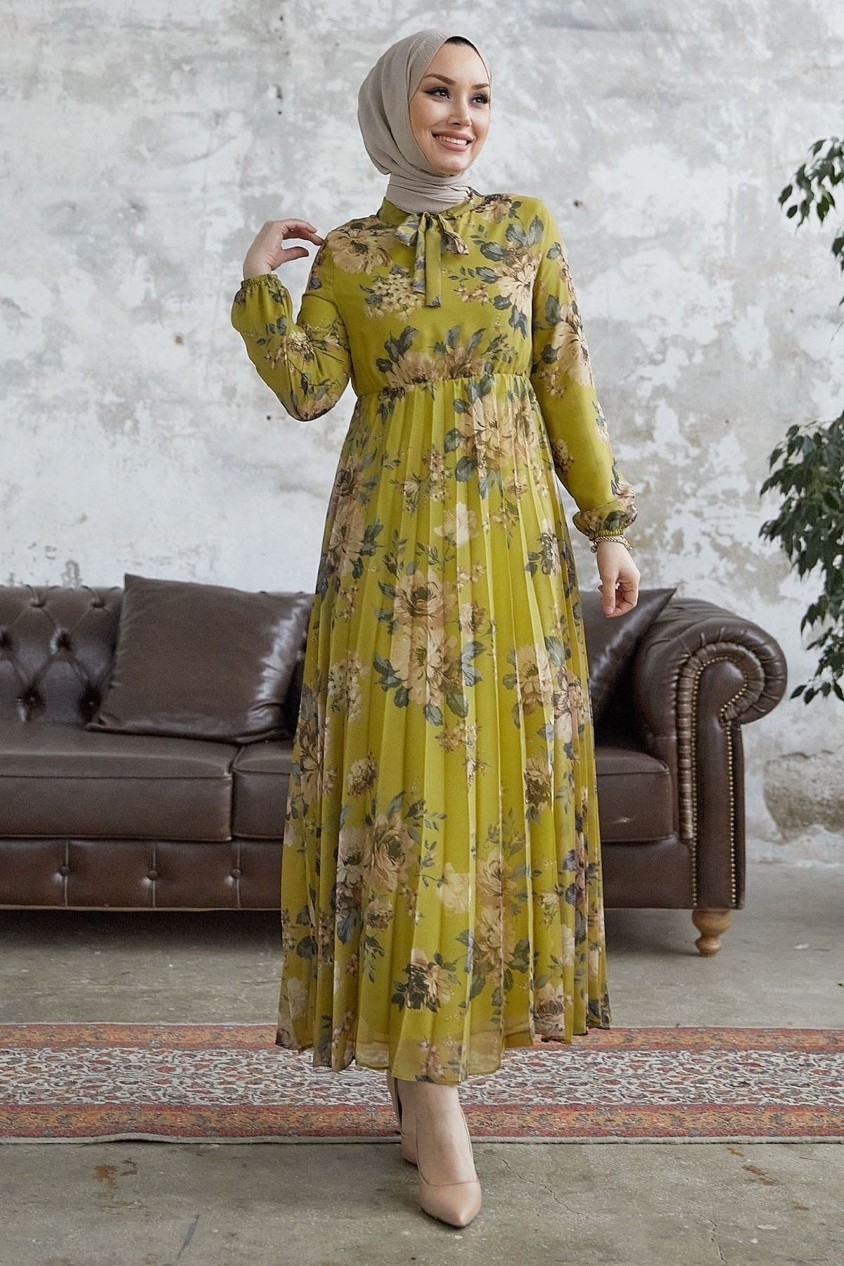 InStyle Luis Yakası Bağcıklı Şifon Elbise - Yağ Yeşili