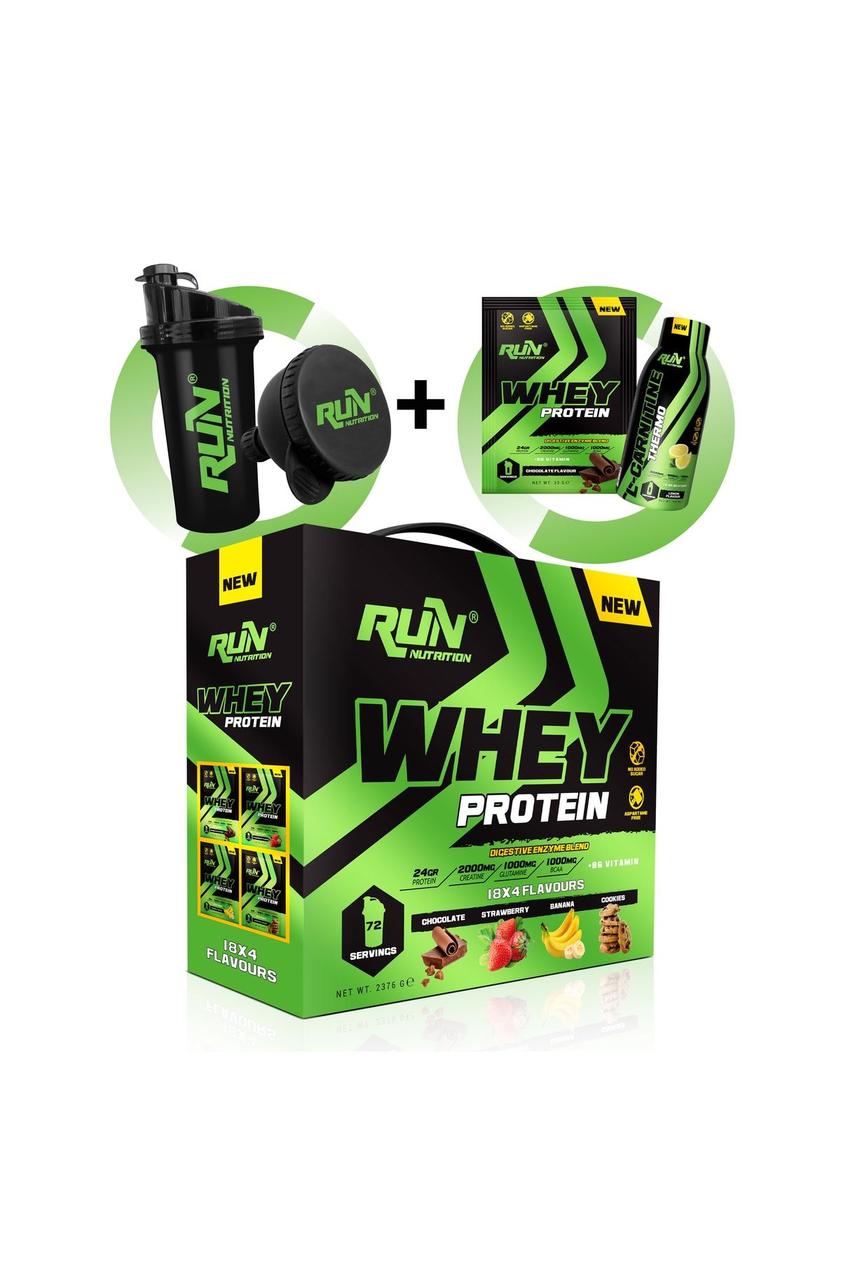 Run Nutrition Whey Protein 72 Adet 2376gr (4 Aromalı) + Shaker + Huni + Tek Kullanımlık Wheyprotein + L Carnitine
