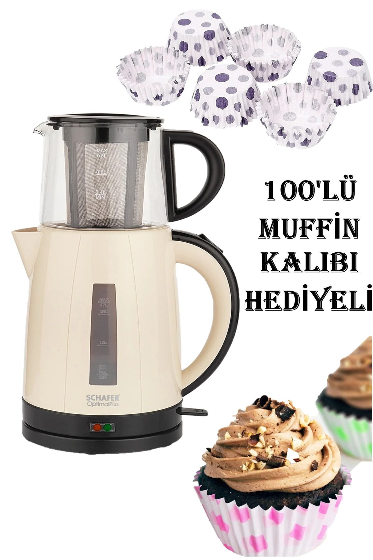 Schafer Krem Optimal Plus Elektrikli Çay Makinesi 100lü Muffin Kalıbı Anneler Günü Özel