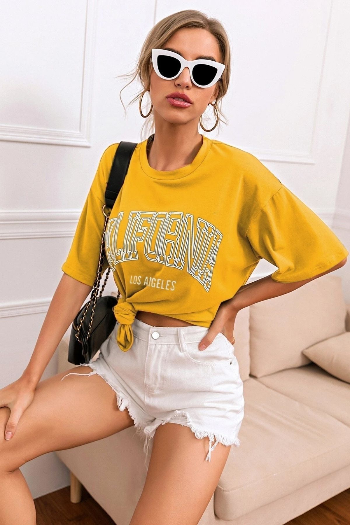 Teenage Millionaire Kadın Sarı Oversize California Los Angeles Baskılı T-shirt