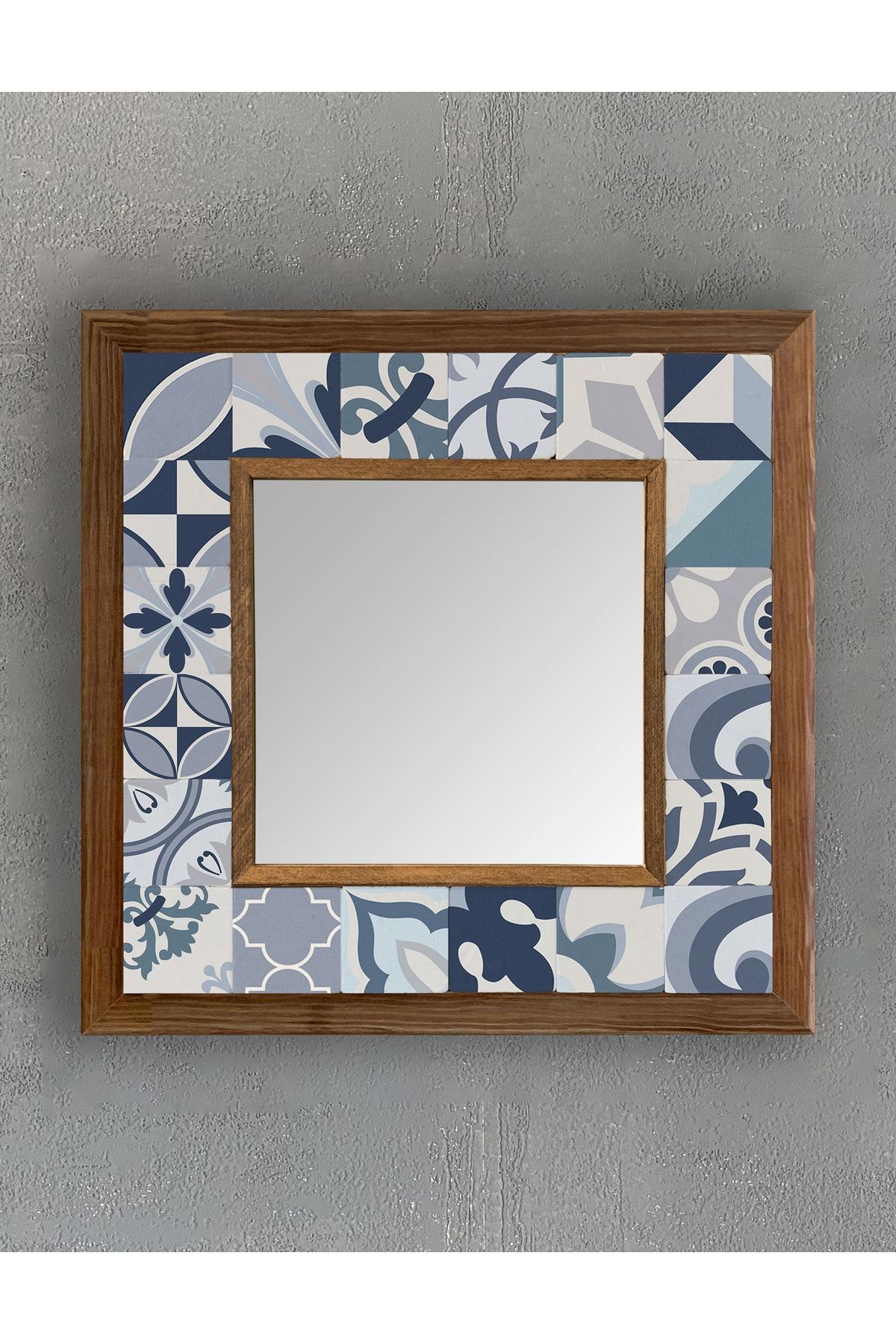 Oscar Stone Decor Masif Çerçeveli Mozaik Taş (mermer) Ayna 33x33 Cm Seramik Desenli Mavi Temalı