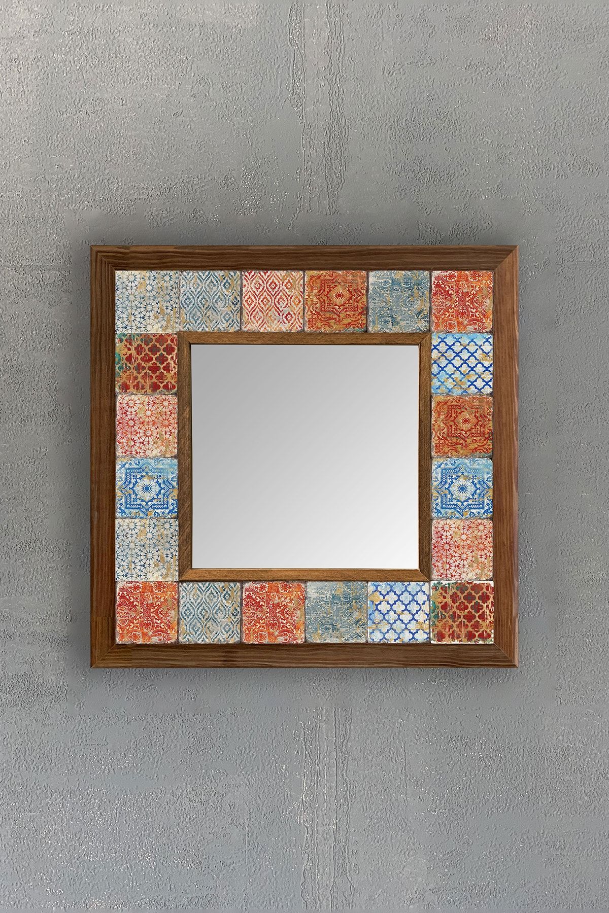 Oscar Stone Decor Ahşap Çerçeveli Mozaik Doğaltaş Ayna 33 cm X 33 cm Mutfak Aynası