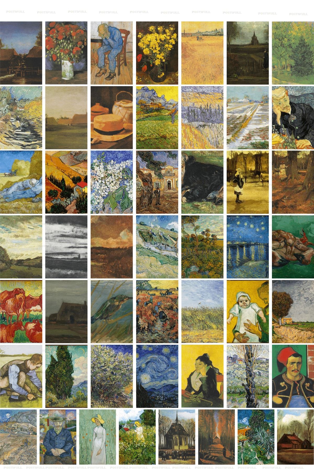 postifull Vincent Van Gogh Kolaj Seti, Sanatsal Poster Kartları, Bant Hediyeli - 50 Adet 10*15cm Duvar Posteri