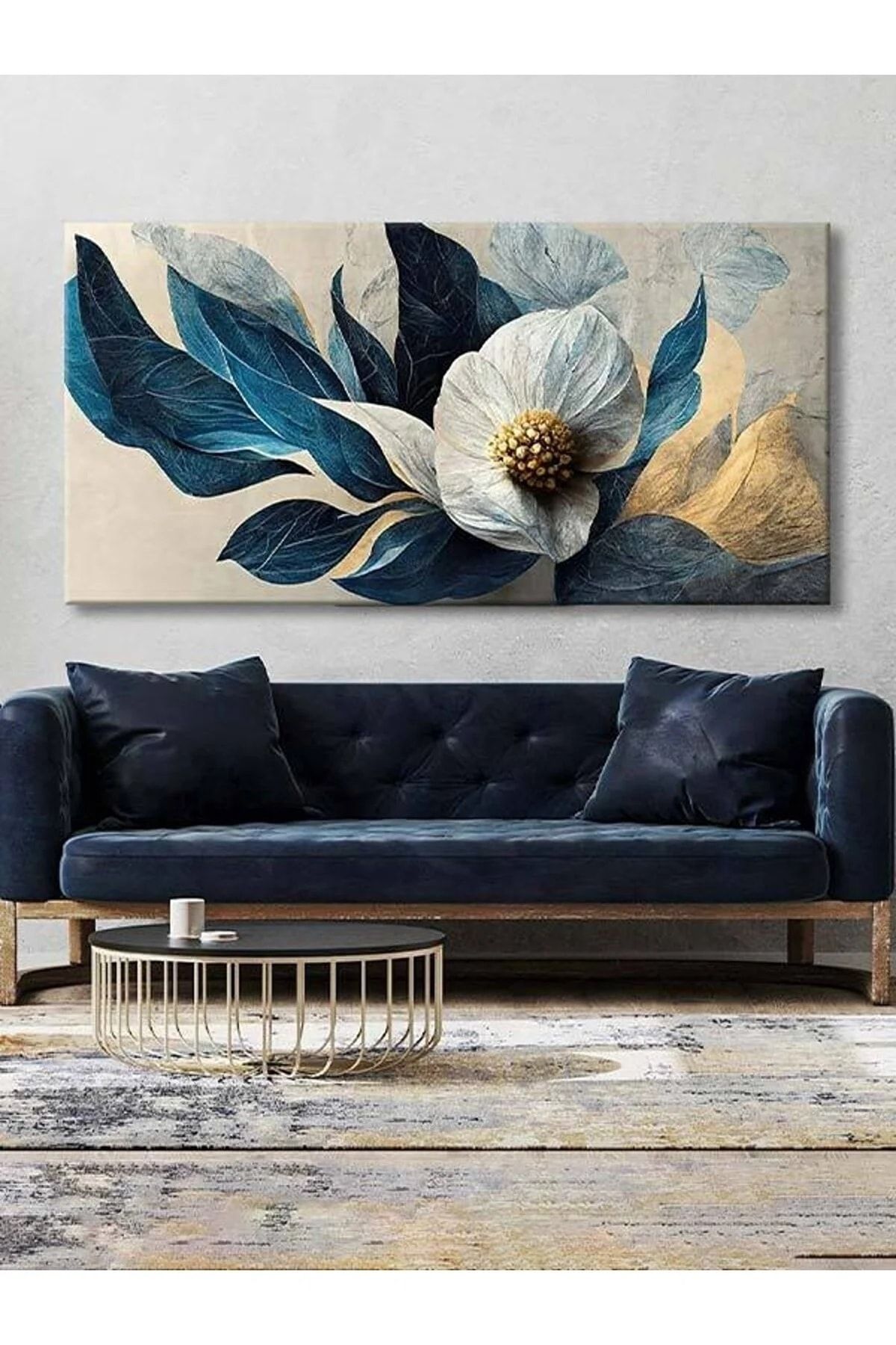NT Handmade Mavi Yapraklı Beyaz Çiçek 70x100cm Kanvas Tablo Salon Oturma Yatak Odası Mutfak Için Duvar Dekoru