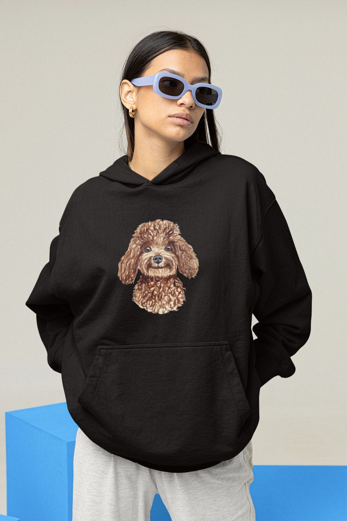 Serbella Poodle Baskılı Oversize Siyah Kapuşonlu Sweatshirt