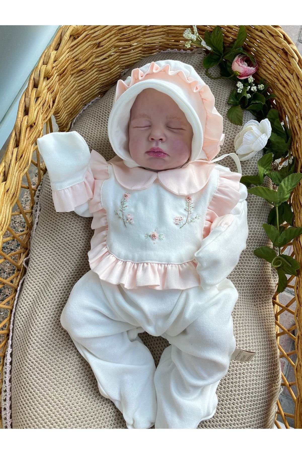 Mama Miel Baby Pembe Fırfırlı Dal Çiçekli Yenidoğan Tulum Ve Şapkası