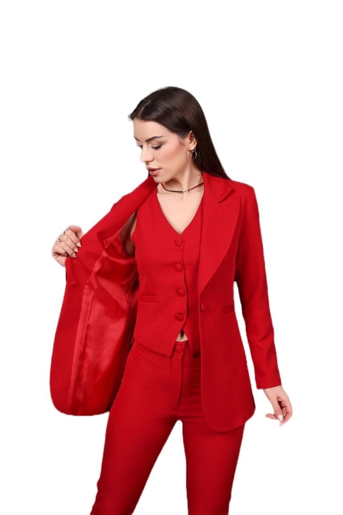 Raheel Fashion Kadın Modern Kırmızı 3'lü Takım (CEKET,YELEK,PANTOLON)