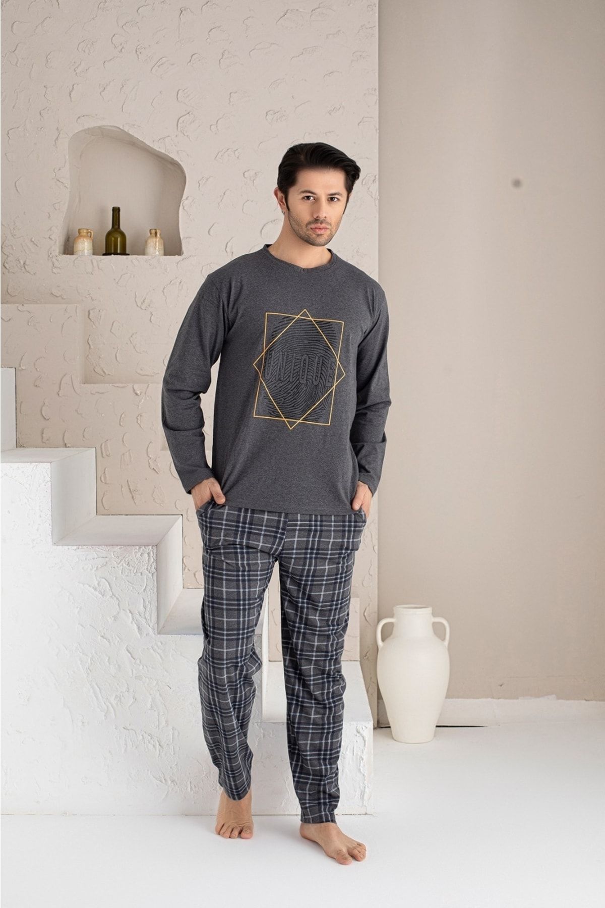 sebura Erkek Ekose Desenli Uzun Kollu Sıfır Yaka Pijama Takımı