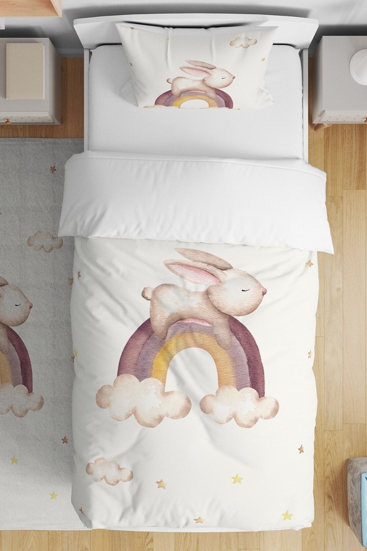 Evpanya Gökkuşağında Uyuyan Tavşan Desenli Tek Kişilik Bebek Çocuk Nevresim Takımı