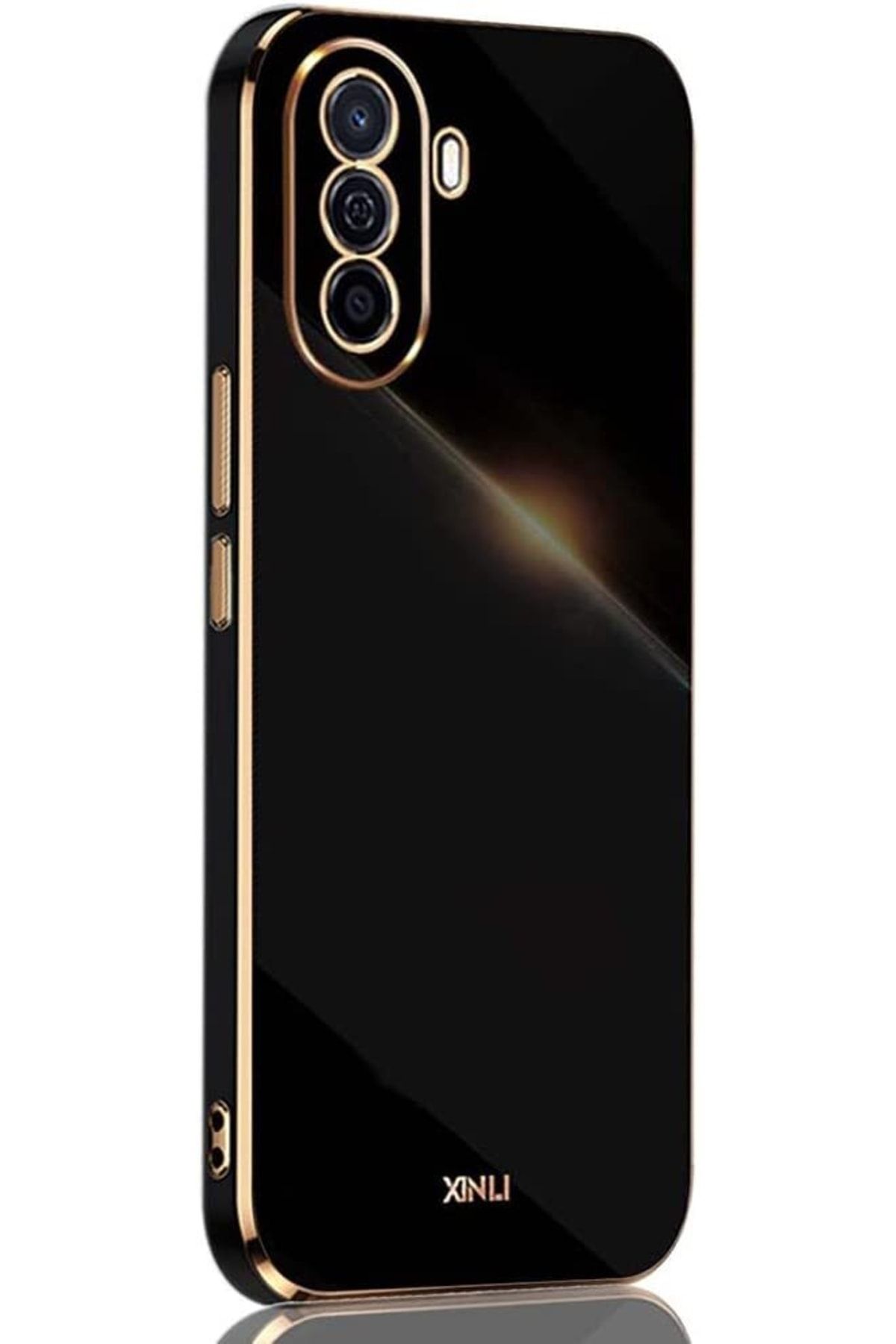 Fibaks Huawei Nova Y70 Uyumlu Kılıf Parlak Kenarlı Altın Işlemeli Kamera Korumalı Kapak