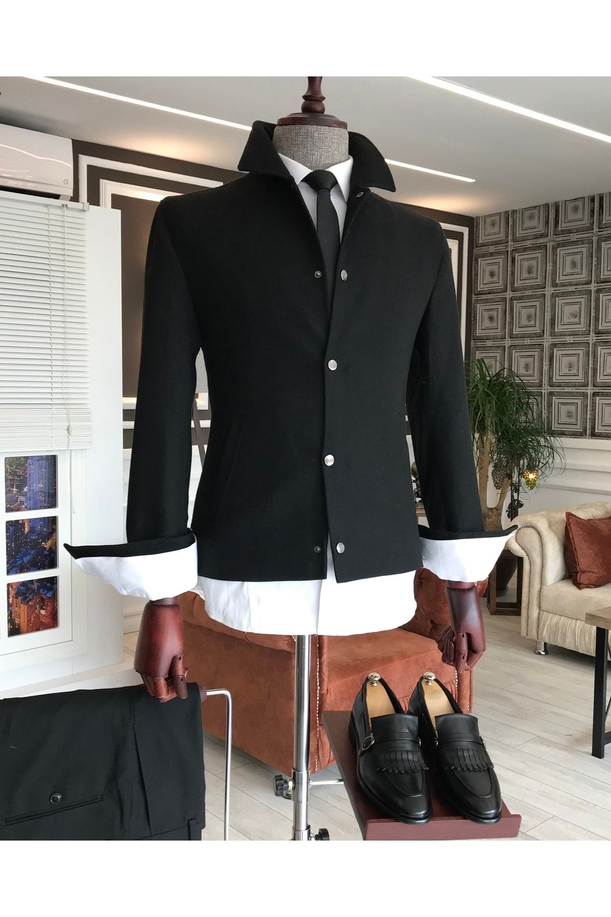 TerziAdemAltun Italyan Stil Slim Fit Mevsimlik Erkek Kaşe Mont Ceket Siyah T5137
