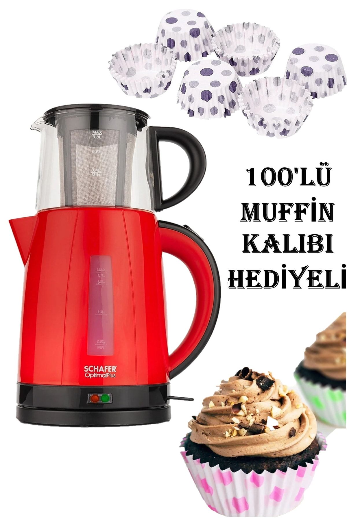 Schafer Hediyeli Kırmızı Optimal Plus Elektrikli Çay Makinesi 100lü Muffin Kalıbı Anneler Günü Özel