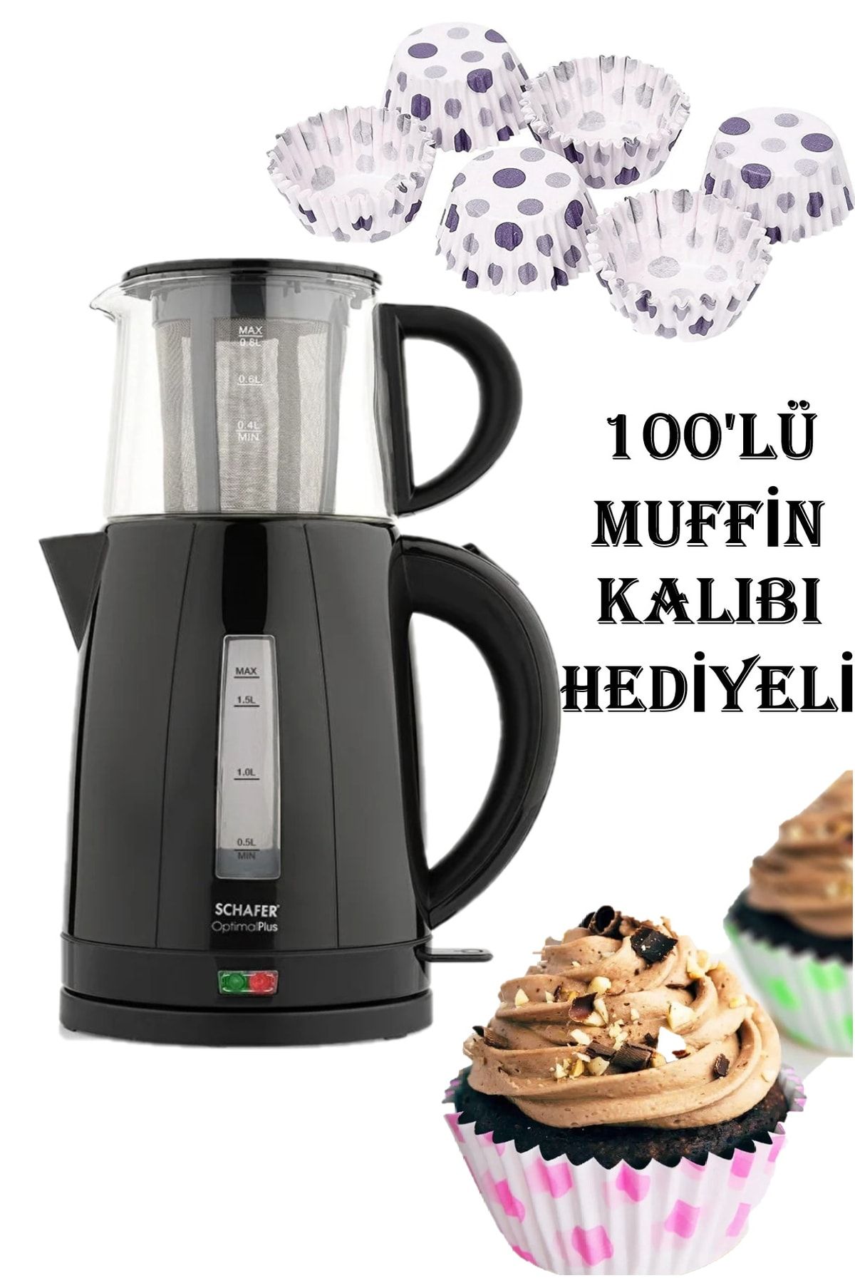 Schafer Hediyeli Siyah Optimal Plus Elektrikli Çay Makinesi 100lü Muffin Kalıbı Anneler Günü Özel