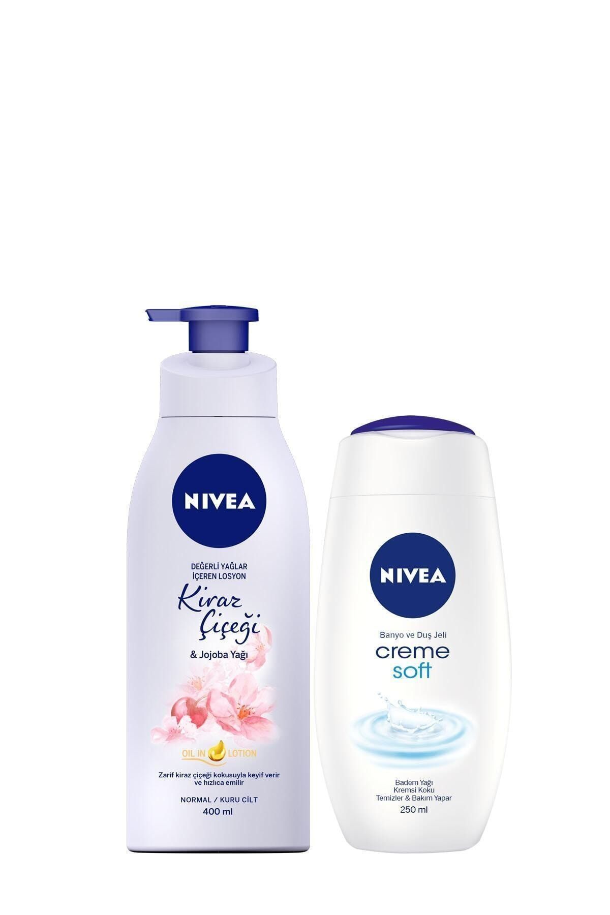 NIVEA Değerli Yağlar İçeren Losyon Kiraz Çiçeği & Jojoba Yağı 400 ml + Duş Jeli Crème Soft 250 ml