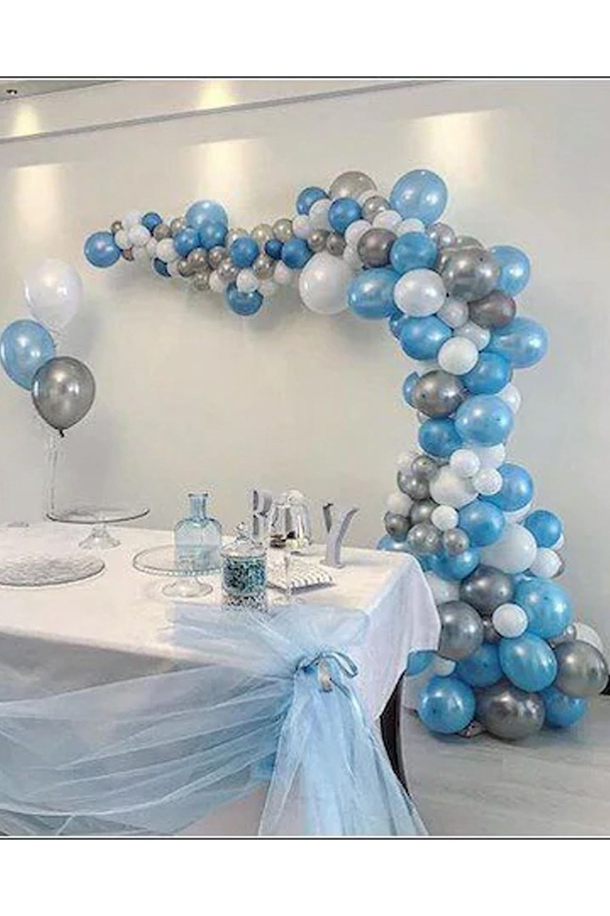 Frozen Partylandtr 75 Adet Metalik Mavi,gümüş,beyaz Balon Ve 5 Metre Balon Zinciri, Balon Yapıştırma Bantı