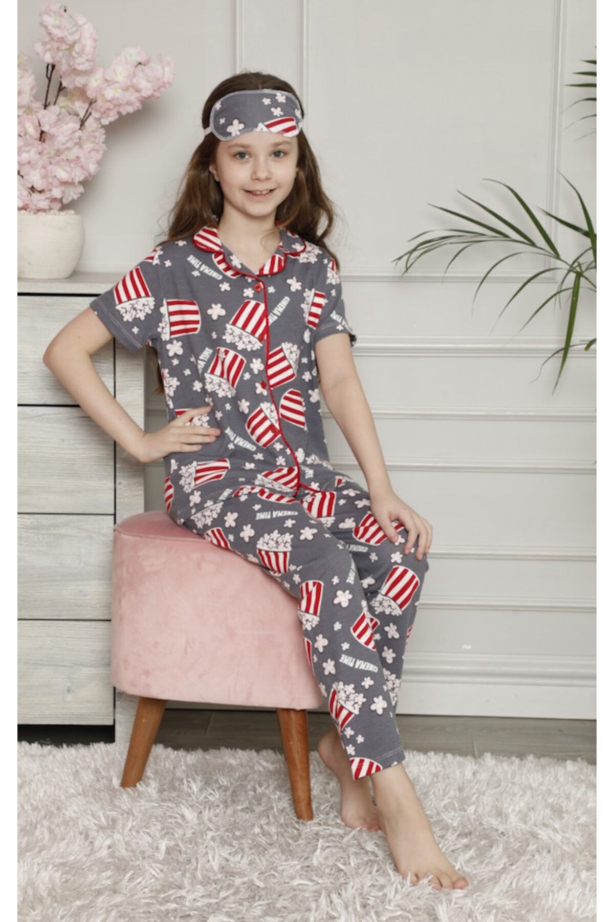 Lolliboomkids Kız Çocuk Popcorn Desen Düğmeli Pijama Takımı 3'lü