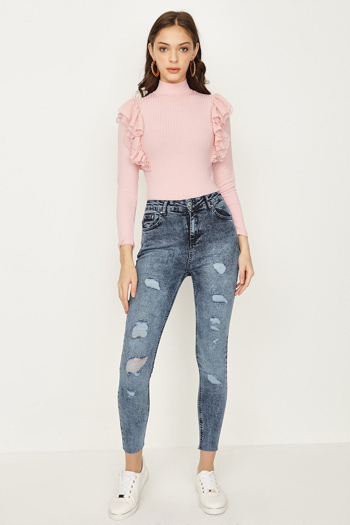 Select Moda Kadın Mavi Yırtık Detaylı Yüksek Bel Jeans