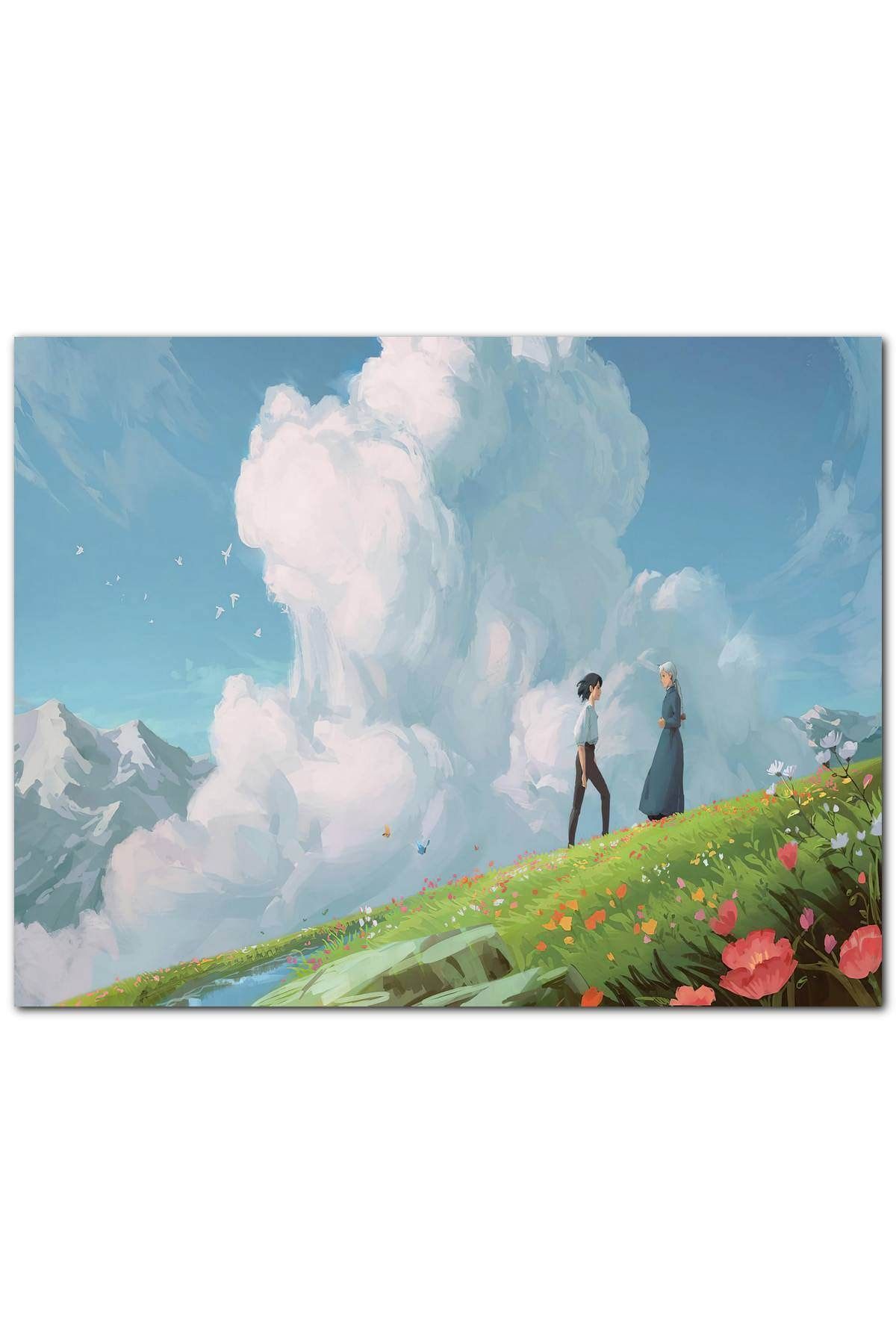 Cakatablo Ahşap Tablo Howls Moving Castle Aşıklar Çiçekler Bulut Görseli (35x50 Cm Boyut)