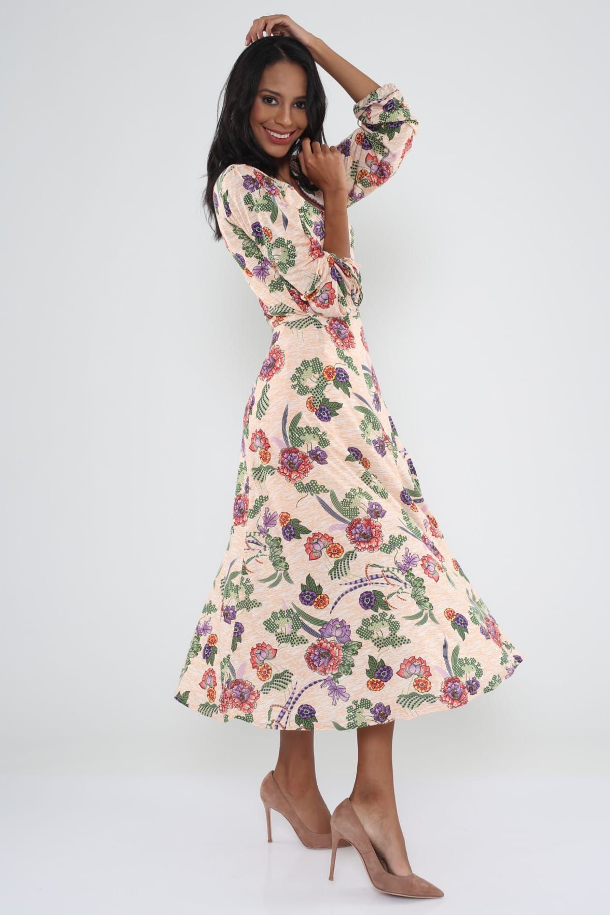 Hanna's Kadın Somon Üstüne Çiçek Baskılı Uzun Kollu Kruvaze Detaylı Elbise