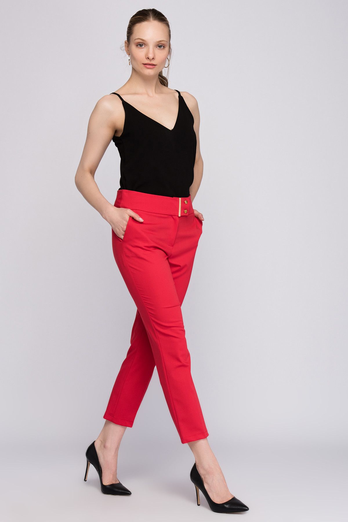 Yare Kadın Kırmızı Metal Tokalı Boru Paça Pantolon Y-3202-YARET