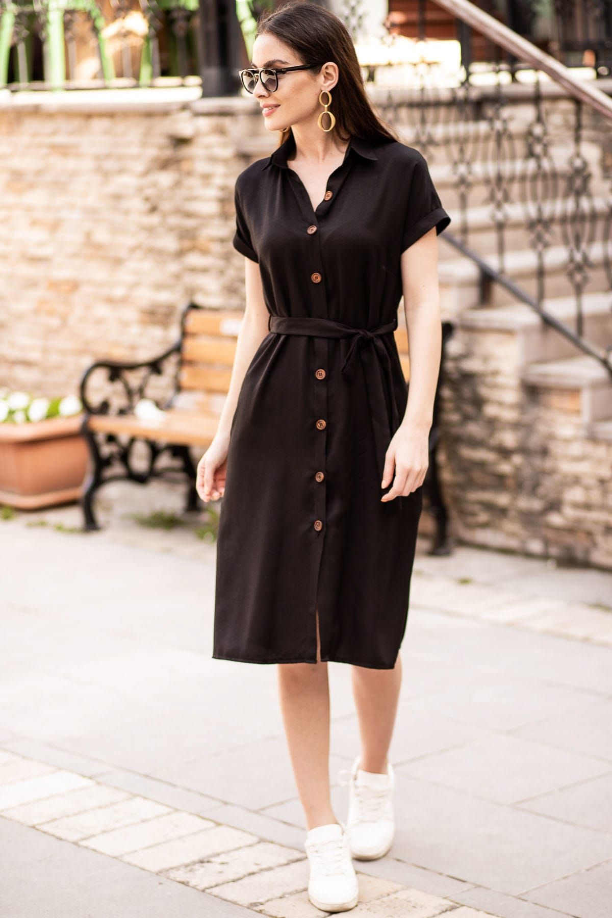 armonika Kadın Siyah Beli Kemerli Kısa Kol Gömlek Elbise ARM-19Y001068
