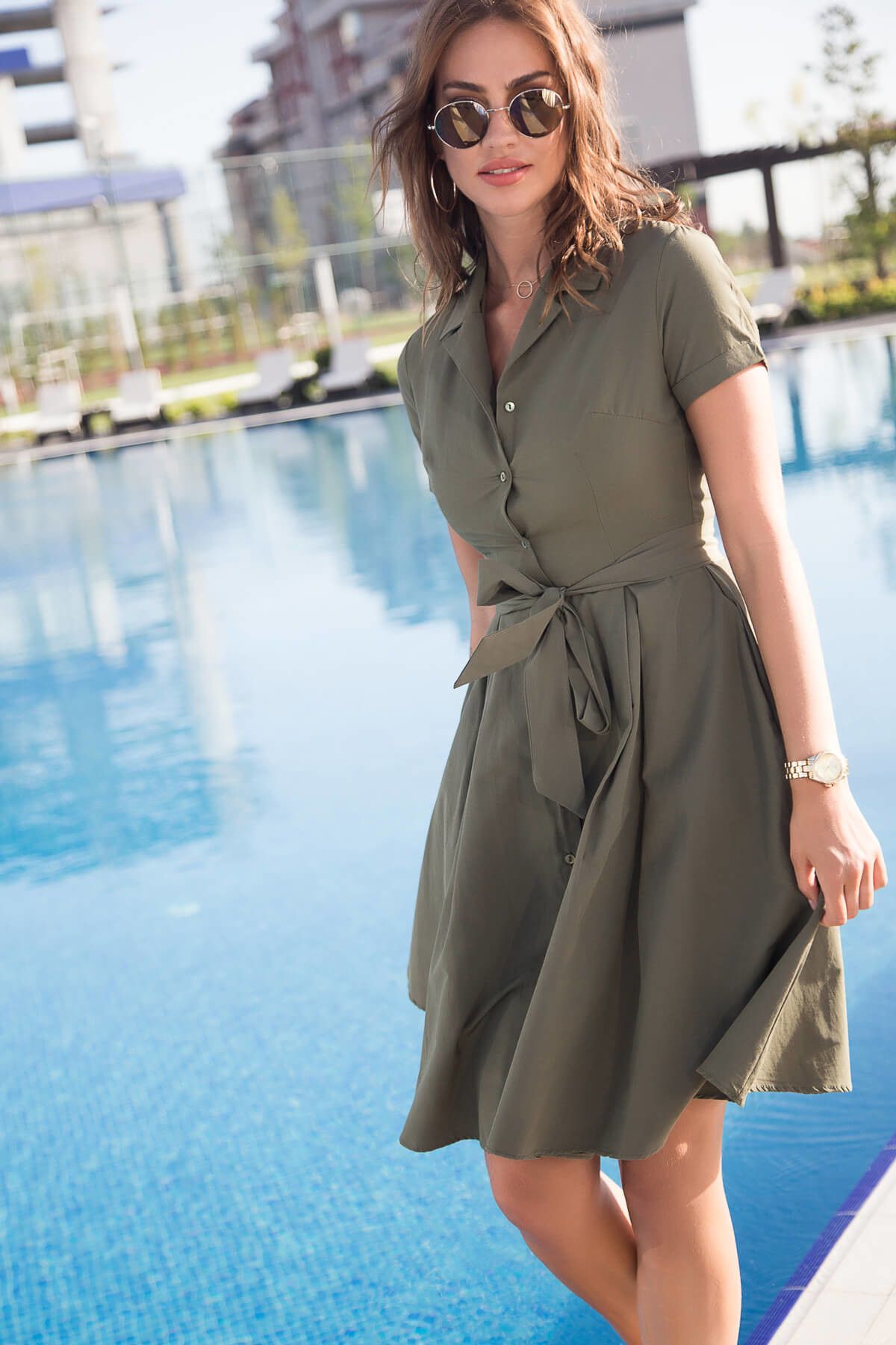Happiness İstanbul Kadın Haki Kuşaklı Gömlek Elbise NT00214