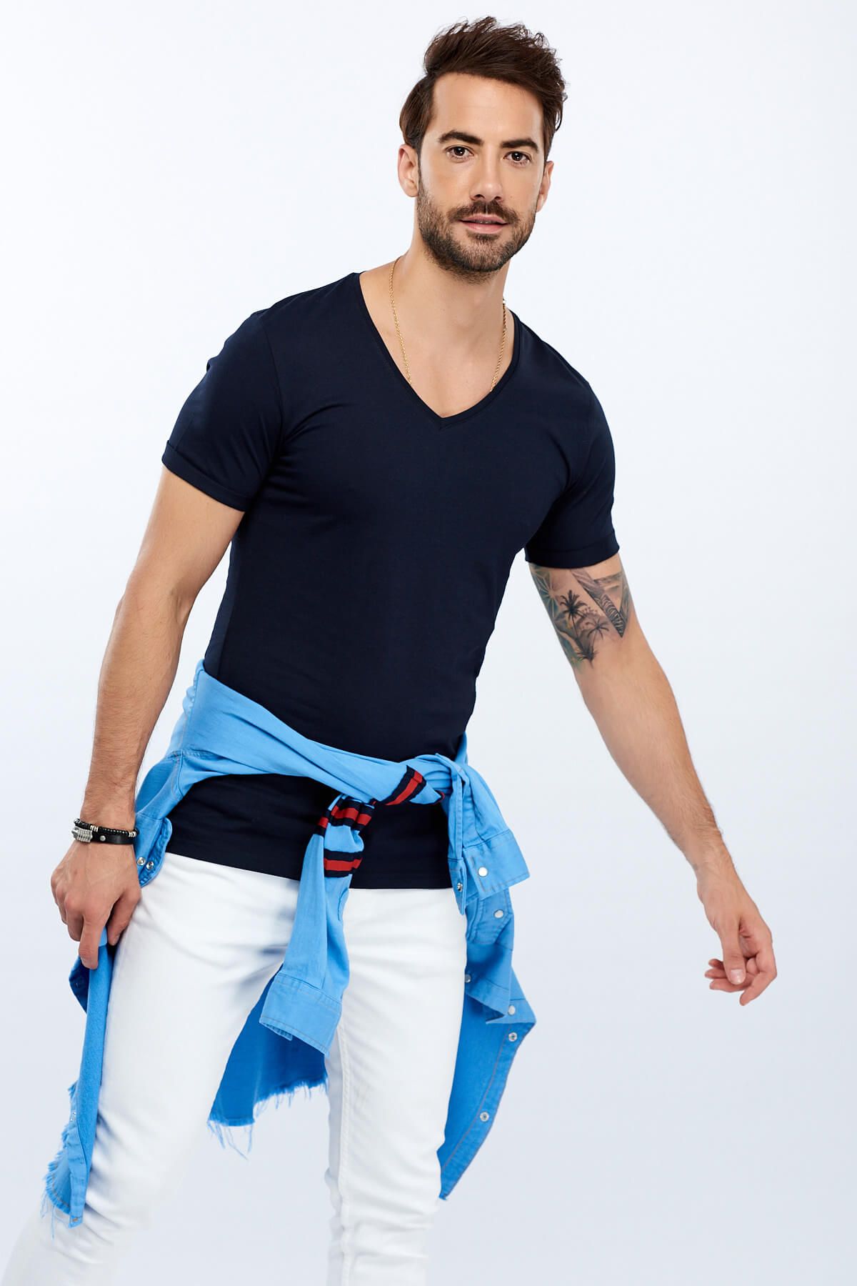 Sateen Erkek Lacivert Slim Fit V Yaka T-Shirt 102-1962