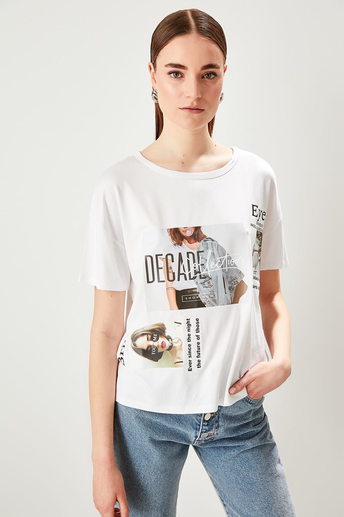 TRENDYOLMİLLA Beyaz Baskılı Örme T-shirt TWOSS19YN0249