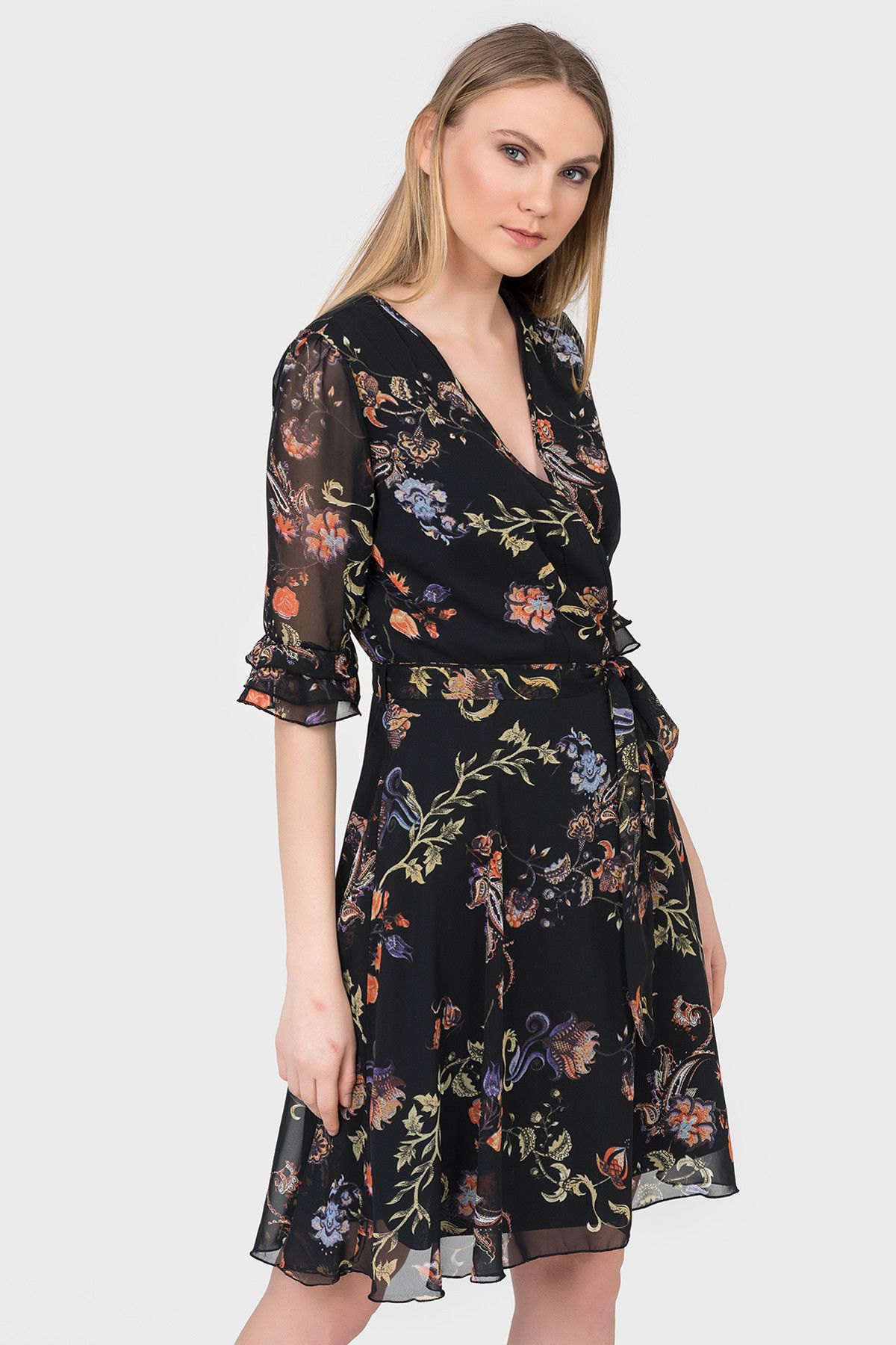 İroni Kadın Siyah İspanyol Kol Çiçekli Şifon Elbise 5042-1232