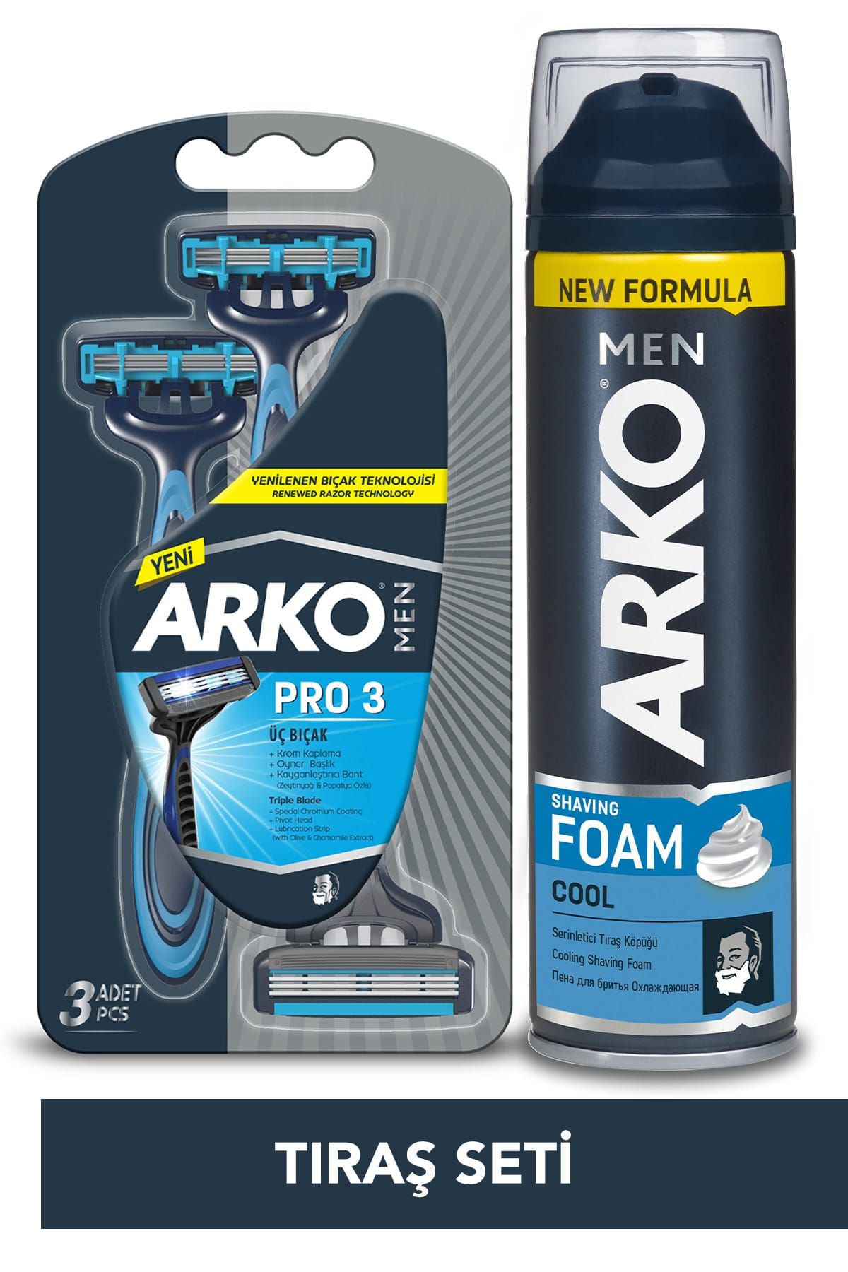 Arko T3 Pro 3 Bıçaklı Tıraş Bıçağı 3'Lü & Cool Tıraş Köpüğü 200 ml Avantaj Paketi