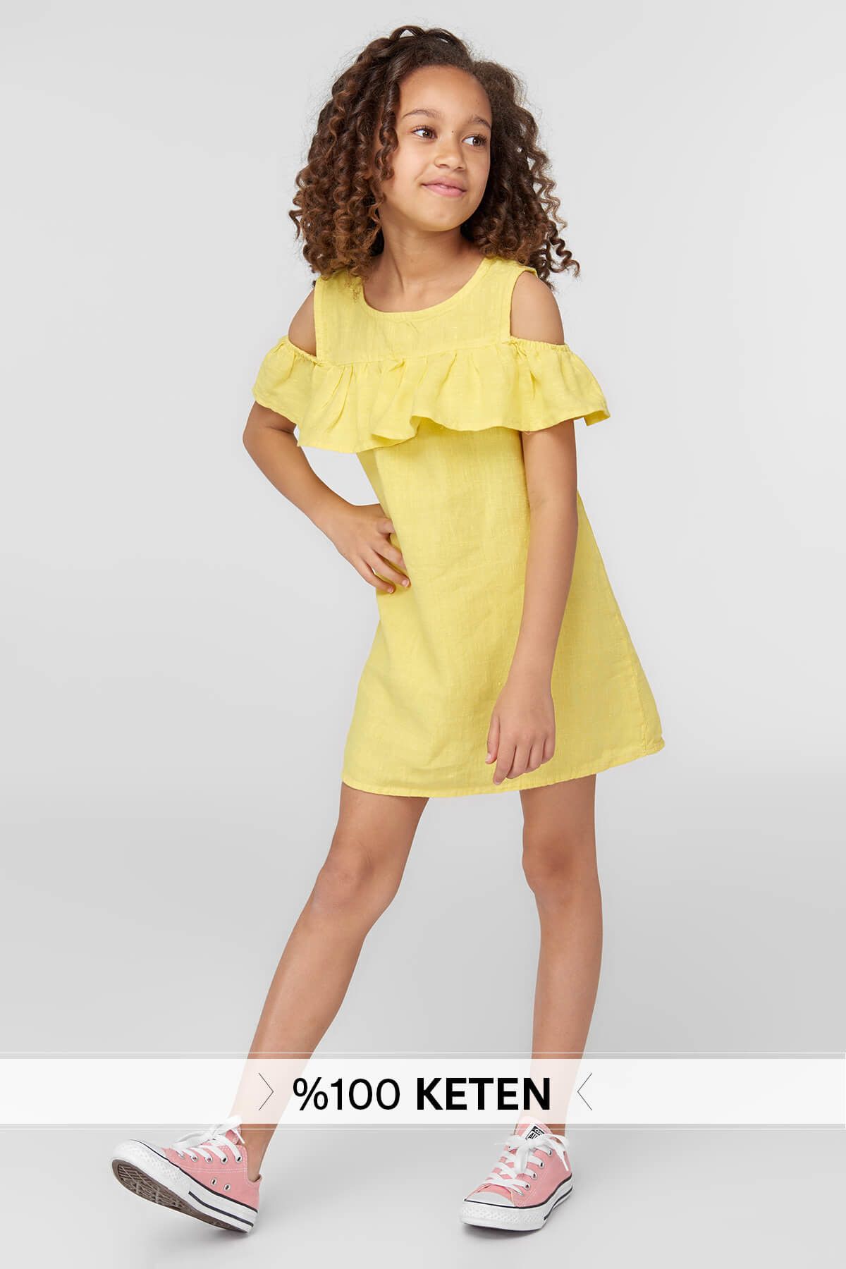TRENDYOLKIDS Sarı Fırfır Detaylı Kız Çocuk Keten Elbise TKDSS18LH0088