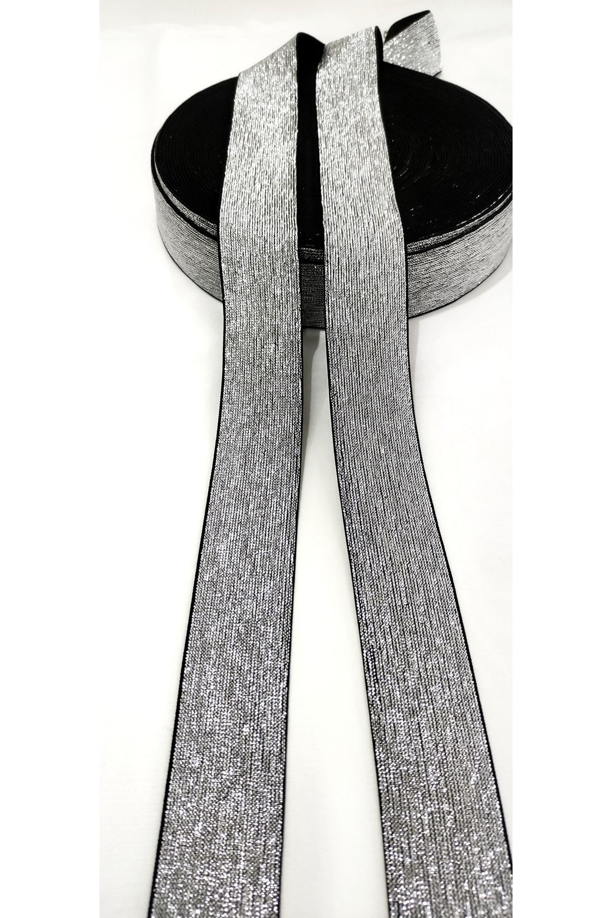 Genel Markalar 4cm Genişlikte Düz Gümüş Simli Lastik Şerit / 1 Metre