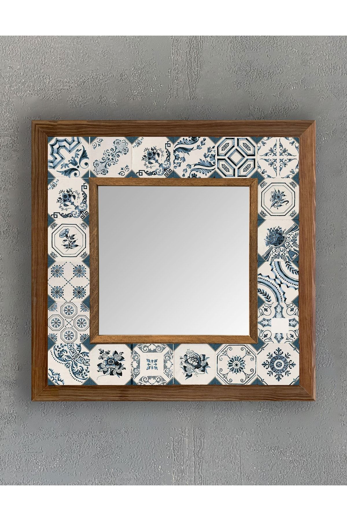 Oscar Stone Decor Masif Çerçeveli Mozaik Taş (mermer) Ayna 33x33 Cm Seramik Desenli Eskitme Mavi