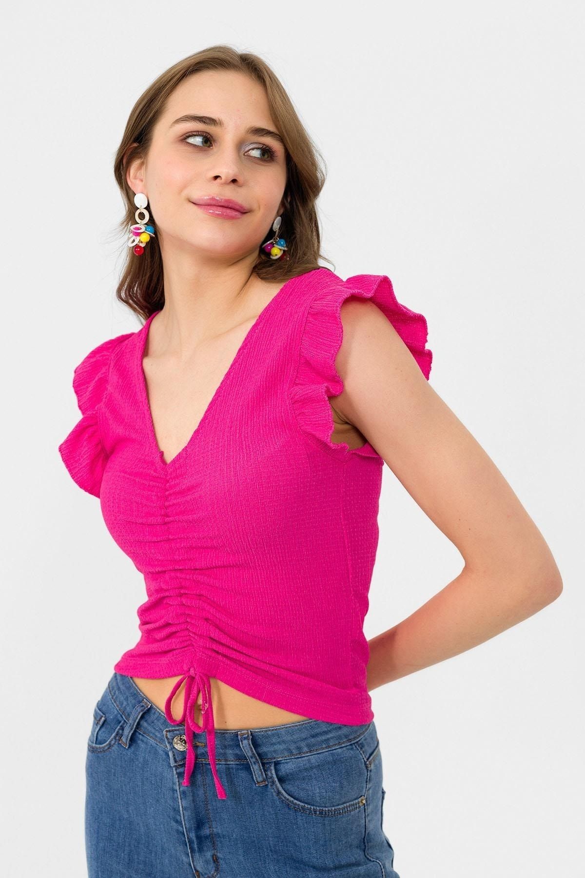 Şimal Kadın Kolları Fırfırlı Önü Büzgü Detaylı Crop Bluz